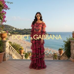 $6490 Dolce & Gabbana NWT Fuchsia Rose Butterfly Silk Tiered Ruffled Runway Gown